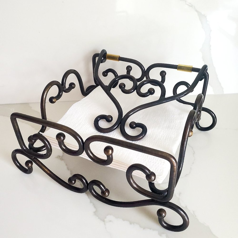 VINTAGE Glazed Wrought Iron Napkin Holder Dark Brown Heavyweight Baroque Boho